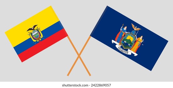 Crossed flags of Ecuador and The State of New York. Official colors. Correct proportion. Vector illustration
