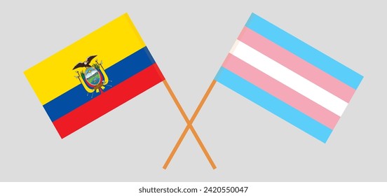 Crossed flags of Ecuador and Transgender Pride. Official colors. Correct proportion. Vector illustration
