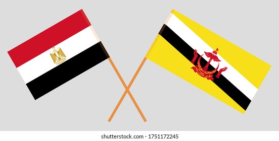 Crossed flags of Egypt and Brunei. Official colors. Correct proportion. Vector illustration

