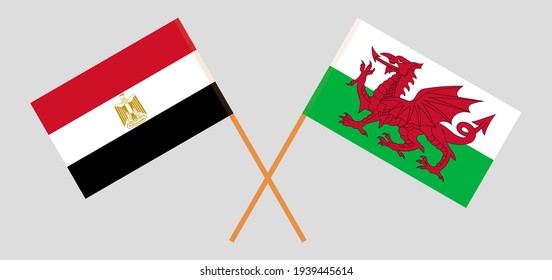 Crossed flags of Egypt and Wales. Official colors. Correct proportion