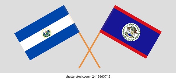 Crossed flags of El Salvador and Belize. Official colors. Correct proportion. Vector illustration
