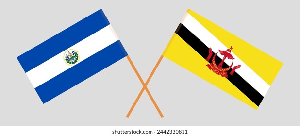 Crossed flags of El Salvador and Brunei. Official colors. Correct proportion. Vector illustration
