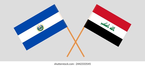 Crossed flags of El Salvador and Iraq. Official colors. Correct proportion. Vector illustration
