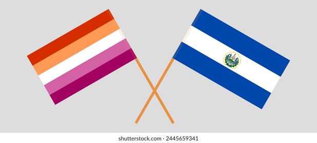 Crossed flags of El Salvador and Lesbian Pride. Official colors. Correct proportion. Vector illustration
