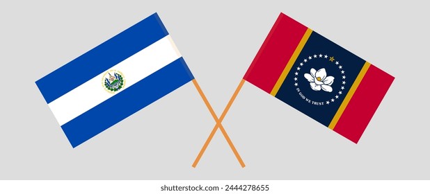 Crossed flags of El Salvador and The State of Mississippi. Official colors. Correct proportion. Vector illustration
