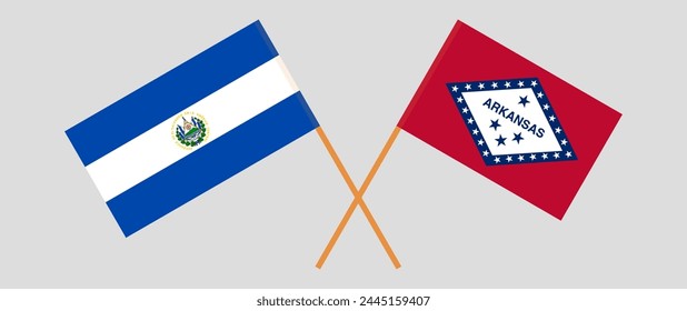 Crossed flags of El Salvador and The State of Arkansas. Official colors. Correct proportion. Vector illustration
