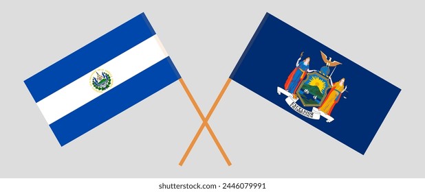 Crossed flags of El Salvador and The State of New York. Official colors. Correct proportion. Vector illustration
