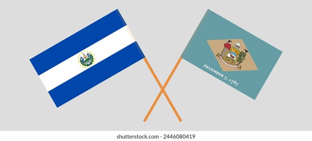 Crossed flags of El Salvador and The State of Delaware. Official colors. Correct proportion. Vector illustration
