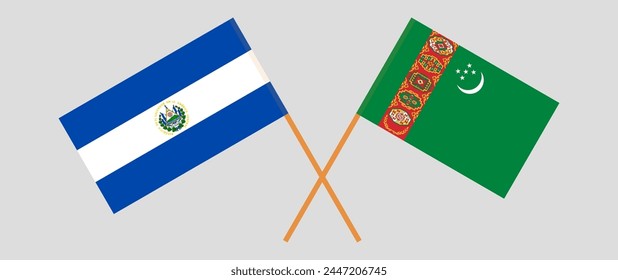 Crossed flags of El Salvador and Turkmenistan. Official colors. Correct proportion. Vector illustration
