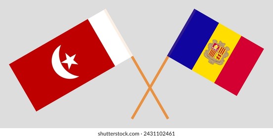 Crossed flags of The Emirate of Umm Al Quwain and Andorra. Official colors. Correct proportion. Vector illustration
