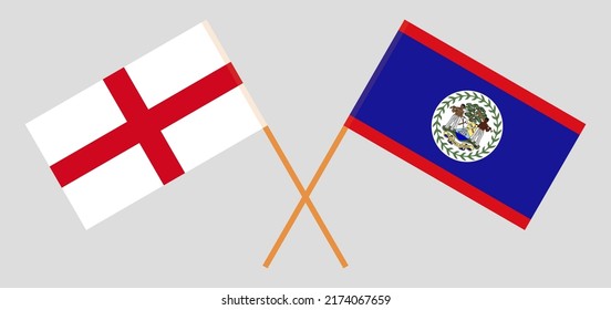 Crossed flags of England and Belize. Official colors. Correct proportion. Vector illustration