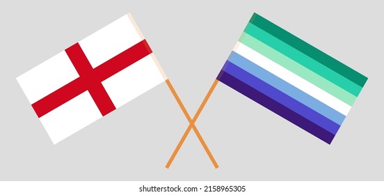Crossed flags of England and gay men pride. Official colors. Correct proportion. Vector illustration
