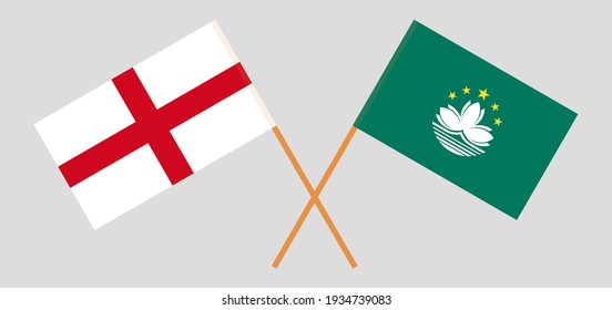 Crossed flags of England and Macau. Official colors. Correct proportion