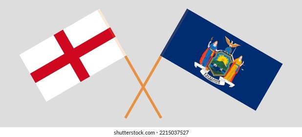 Banderas cruzadas de Inglaterra y el Estado de Nueva York. Colores oficiales. Proporción correcta. Ilustración del vector
