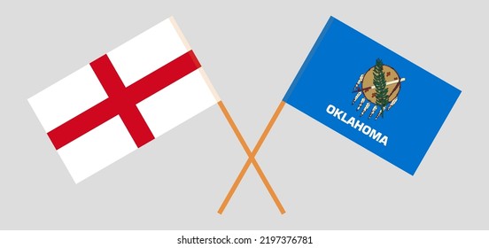 Crossed flags of England and The State of Oklahoma. Official colors. Correct proportion. Vector illustration
