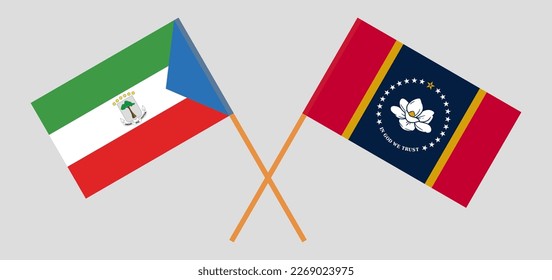 Crossed flags of Equatorial Guinea and The State of Mississippi. Official colors. Correct proportion. Vector illustration