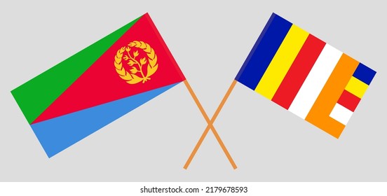 Crossed flags of Eritrea and Buddhism. Official colors. Correct proportion. Vector illustration
