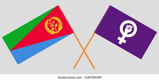 Crossed flags of Eritrea and Feminism. Official colors. Correct proportion. Vector illustration
