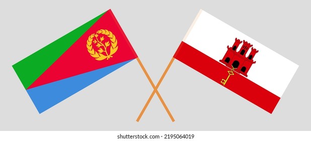 Banderas cruzadas de Eritrea y Gibraltar. Colores oficiales. Proporción correcta. Ilustración del vector
