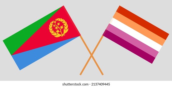 Banderas cruzadas de Eritrea y Orgullo Lesbiano. Colores oficiales. Proporción correcta. Ilustración del vector
