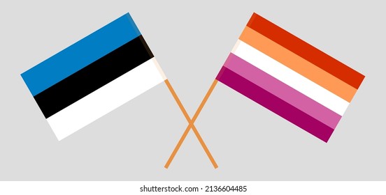 Crossed flags of Estonia and Lesbian Pride. Official colors. Correct proportion. Vector illustration