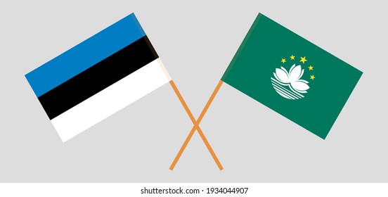 Crossed flags of Estonia and Macau. Official colors. Correct proportion