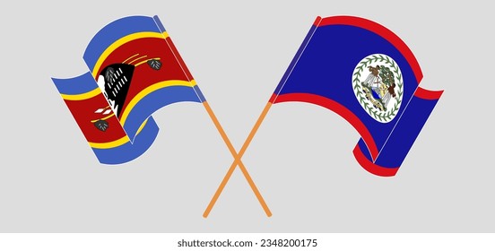 Crossed flags of Eswatini and Belize. Official colors. Correct proportion. Vector illustration
