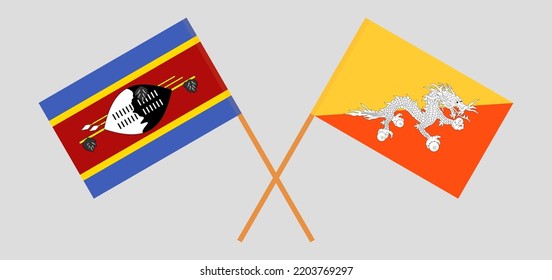 Crossed flags of Eswatini and Bhutan. Official colors. Correct proportion. Vector illustration
