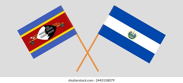 Crossed flags of Eswatini and El Salvador. Official colors. Correct proportion. Vector illustration
