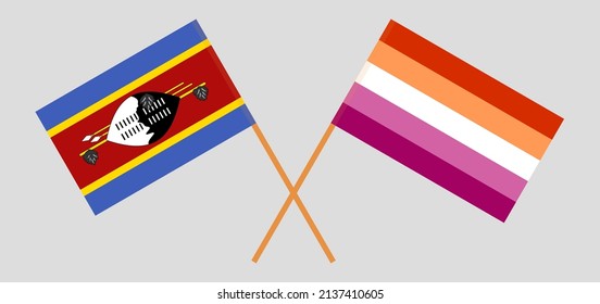 Crossed flags of Eswatini and Lesbian Pride. Official colors. Correct proportion. Vector illustration
