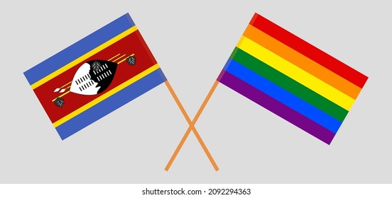Crossed flags of Eswatini and LGBTQ. Official colors. Correct proportion. Vector illustration
