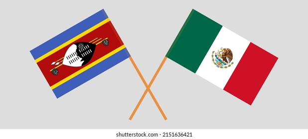 Crossed flags of Eswatini and Mexico. Official colors. Correct proportion. Vector illustration
