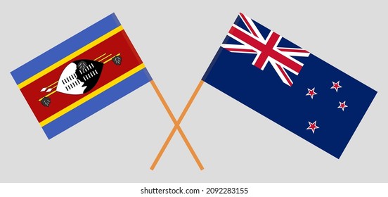 Crossed flags of Eswatini and New Zealand. Official colors. Correct proportion. Vector illustration
