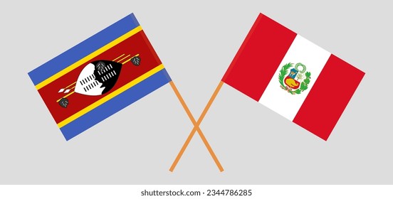 Crossed flags of Eswatini and Peru. Official colors. Correct proportion. Vector illustration
