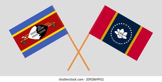 Crossed flags of Eswatini and The State of Mississippi. Official colors. Correct proportion. Vector illustration
