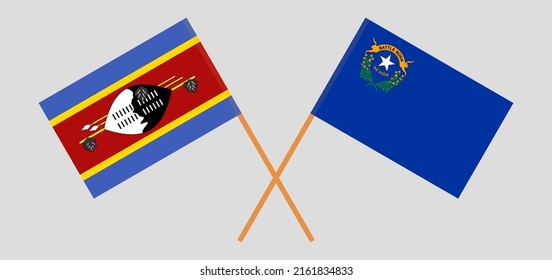 Crossed flags of Eswatini and The State of Nevada. Official colors. Correct proportion. Vector illustration
