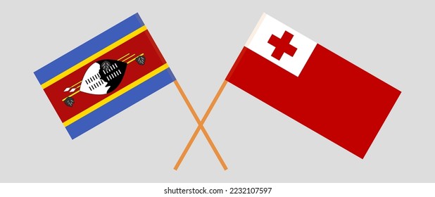 Banderas cruzadas de Eswatini y Tonga. Colores oficiales. Proporción correcta. Ilustración del vector
