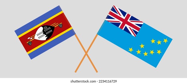 Crossed flags of Eswatini and Tuvalu. Official colors. Correct proportion. Vector illustration
