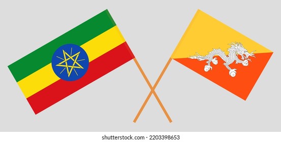 Crossed flags of Ethiopia and Bhutan. Official colors. Correct proportion. Vector illustration
