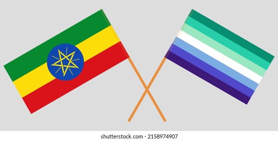 Crossed flags of Ethiopia and gay men pride. Official colors. Correct proportion. Vector illustration
