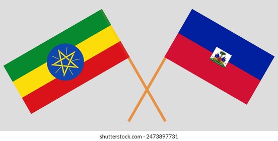 Crossed flags of Ethiopia and Haiti. Official colors. Correct proportion. Vector illustration
