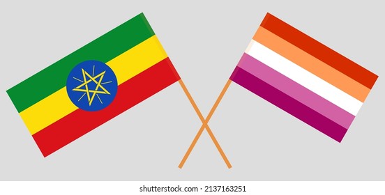 Crossed flags of Ethiopia and Lesbian Pride. Official colors. Correct proportion. Vector illustration
