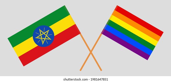 Crossed flags of Ethiopia and LGBTQ. Official colors. Correct proportion