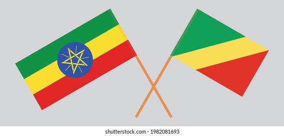 Crossed flags of Ethiopia and Republic of the Congo. Official colors. Correct proportion. Vector illustration