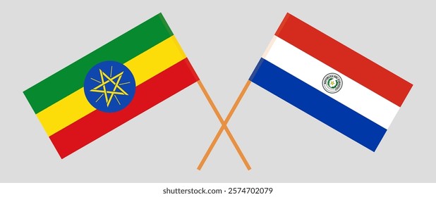 Crossed flags of Ethiopia and Republic of Paraguay. Official colors. Correct proportion. Vector illustration.
