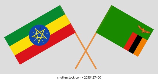 Crossed flags of Ethiopia and the Republic of Zambia. Official colors. Correct proportion
