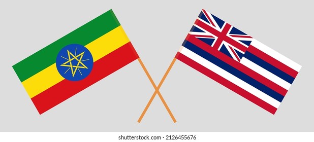 Crossed flags of Ethiopia and The State Of Hawaii. Official colors. Correct proportion. Vector illustration
