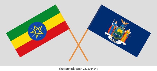 Crossed flags of Ethiopia and The State of New York. Official colors. Correct proportion. Vector illustration
