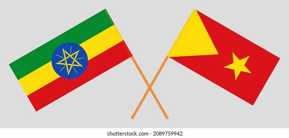  Crossed flags of Ethiopia and Tigray. Official colors. Correct proportion