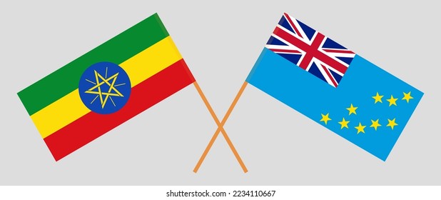 Crossed flags of Ethiopia and Tuvalu. Official colors. Correct proportion. Vector illustration
